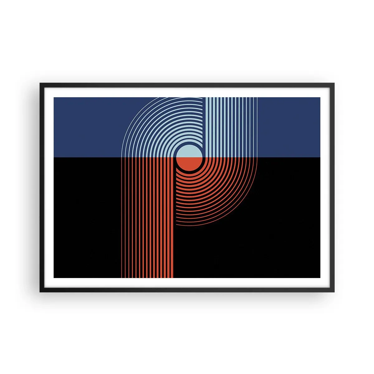 Poster in einem schwarzem Rahmen - Geometrische Abstraktion mit Linien in Marineblau und Orange. - 100x70cm - In einer geometrischen Umarmung - Moderne Wanddekoration für Wohnzimmer und Schlafzimmer ARTTOR
