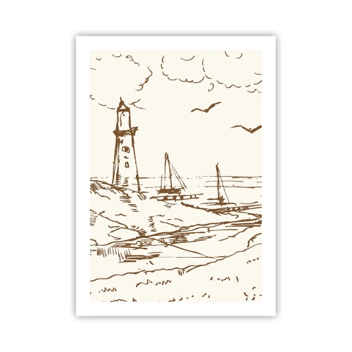 Poster - Leuchtturm mit Booten und Vögeln - 50x70cm - Ein Überblick über die Erinnerungen an den Sommer - Moderne Wanddekoration für Wohnzimmer und Schlafzimmer ARTTOR