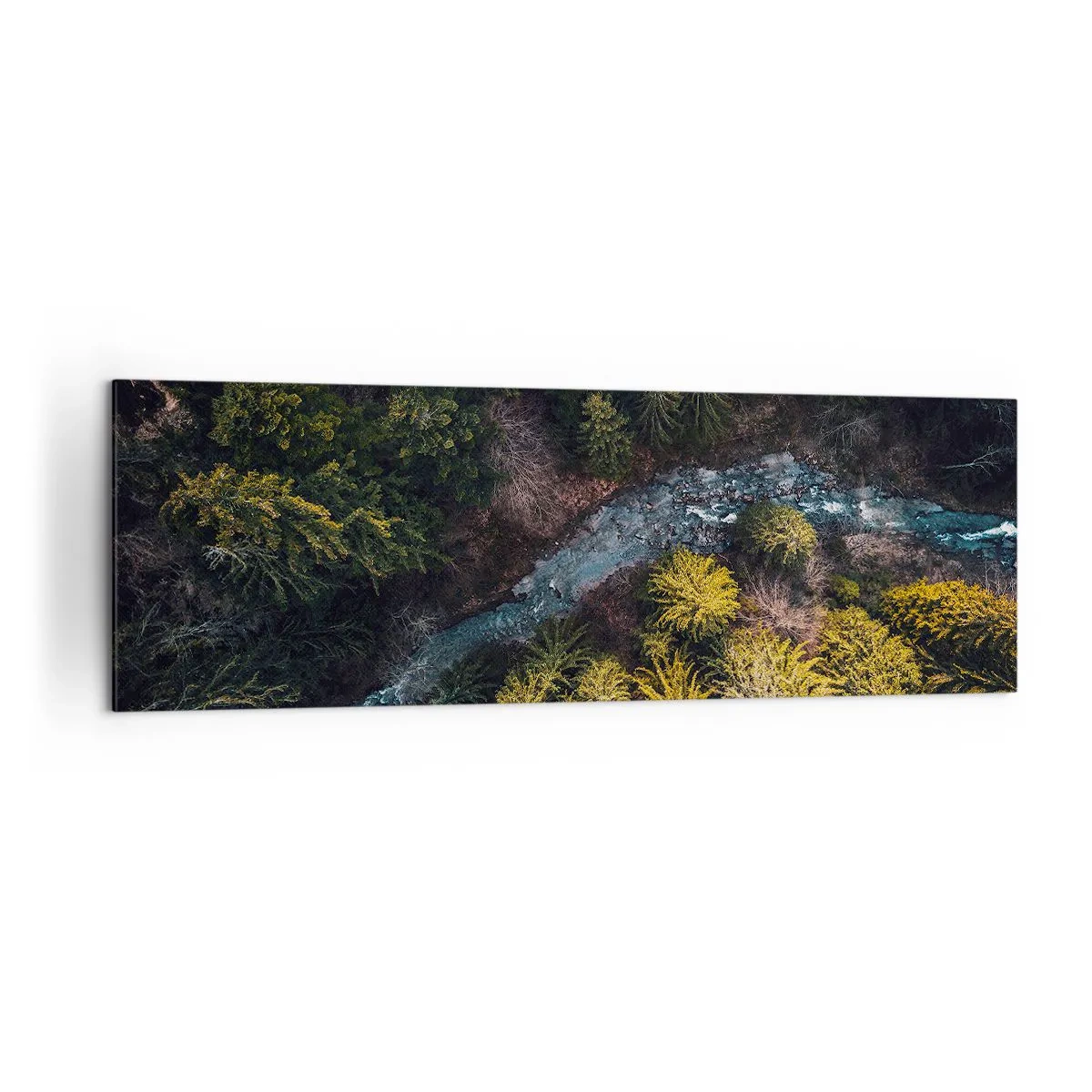 Bild auf Leinwand - Leinwandbild - Ein Blick von oben auf einen Wald mit einem gewundenen Fluss - 160x50cm - Schnell und immer schneller - Moderne Wanddekoration für Wohnzimmer und Schlafzimmer ARTTOR