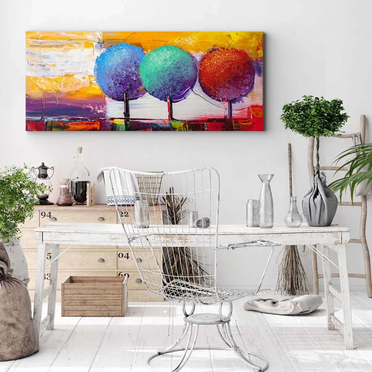 Bild auf Leinwand - Leinwandbild - Drei bunte Bäume auf abstraktem Hintergrund - 120x50cm - Aller guten Dinge sind drei - Moderne Wanddekoration für Wohnzimmer und Schlafzimmer ARTTOR