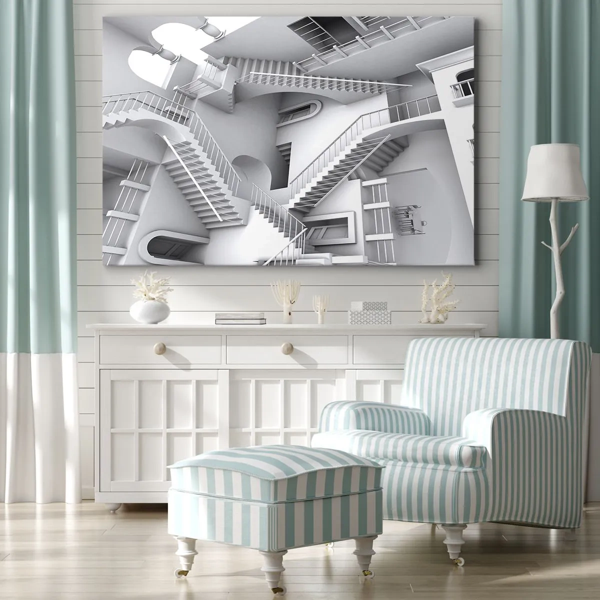 Bild auf Leinwand - Leinwandbild - Eine abstrakte Komposition aus Treppen in einer surrealistischen Raumanordnung - 120x80cm - Die Paradoxien des Weltraums - Moderne Wanddekoration für Wohnzimmer und Schlafzimmer ARTTOR