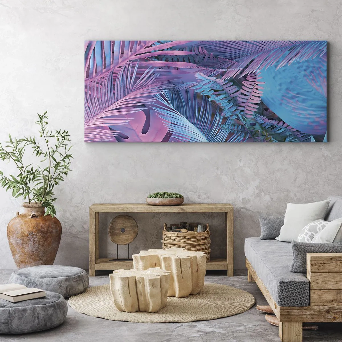 Bild auf Leinwand - Leinwandbild - Tropische Blätter in Rosa- und Blautönen - 140x50cm - Tropen in Rosa und Blau - Moderne Wanddekoration für Wohnzimmer und Schlafzimmer ARTTOR