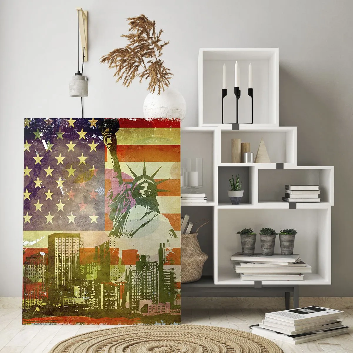 Glasbild - Bild auf glas - US-Flagge mit Silhouette der Freiheitsstatue und Stadtbild - 50x70cm - Viva Amerika! - Moderne Wanddekoration für Wohnzimmer und Schlafzimmer ARTTOR