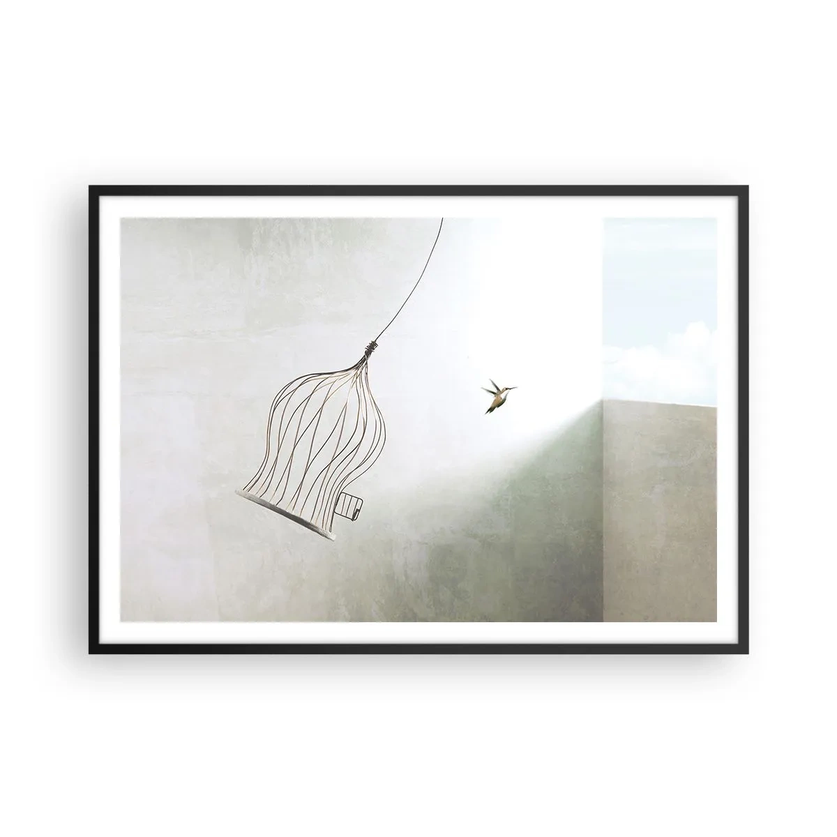 Poster in einem schwarzem Rahmen - Ein aus einem Käfig befreiter Vogel vor dem Hintergrund eines hellen Himmels - 100x70cm - In seinem Element - Moderne Wanddekoration für Wohnzimmer und Schlafzimmer ARTTOR