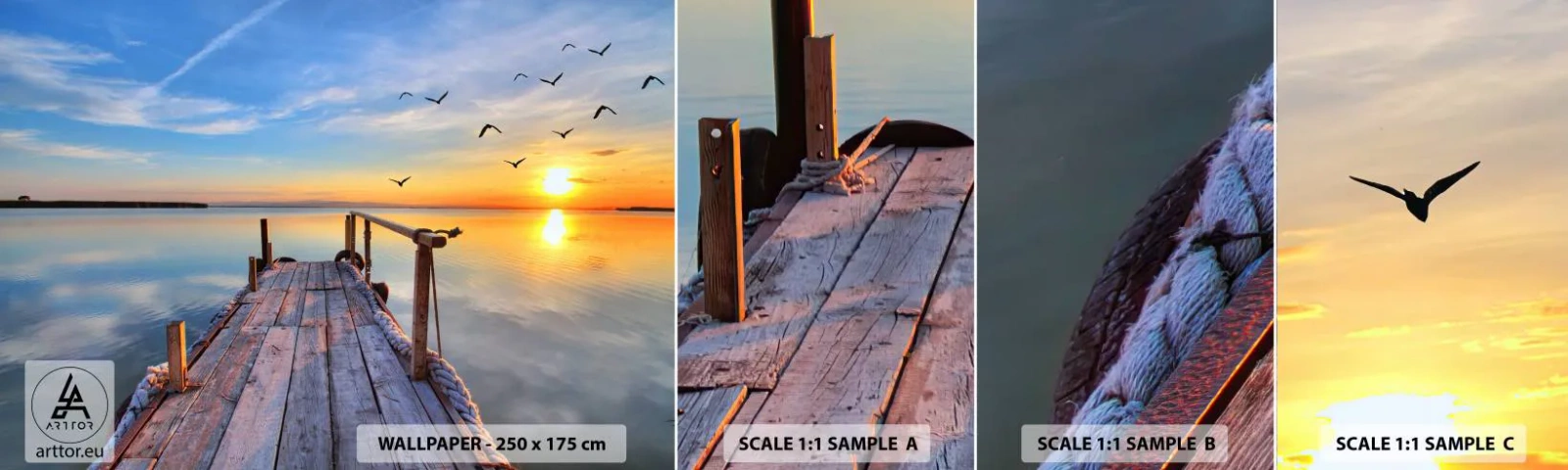 Fototapetenmuster Standard Eco - Lauf direkt der Sonne entgegen - Landschaft, See, Holzbrücke - 100x30 cm