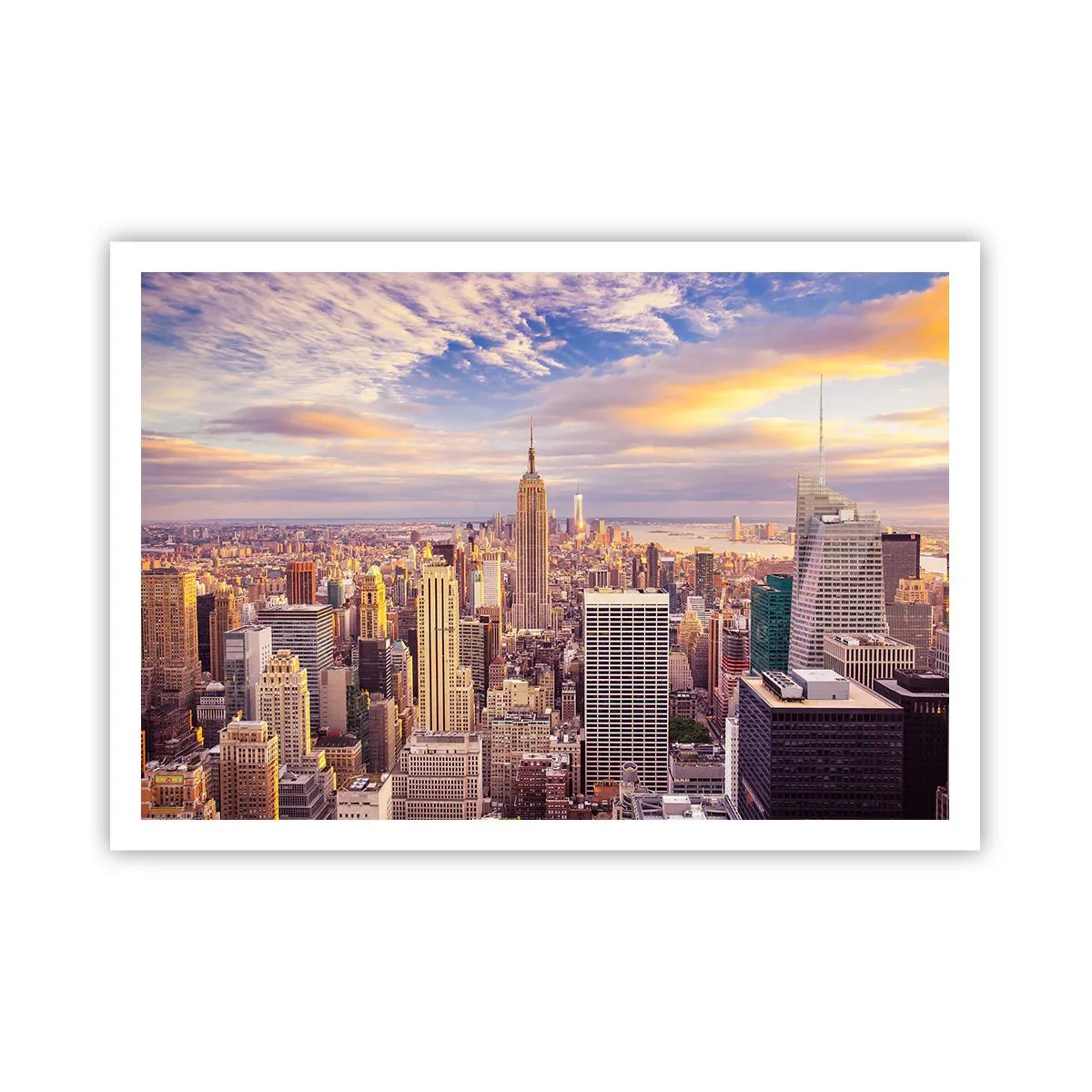 Poster - Panorama einer modernen Stadt mit Wolkenkratzern bei Sonnenuntergang - 100x70cm - Nur nach den Wolken greifen - Moderne Wanddekoration für Wohnzimmer und Schlafzimmer ARTTOR