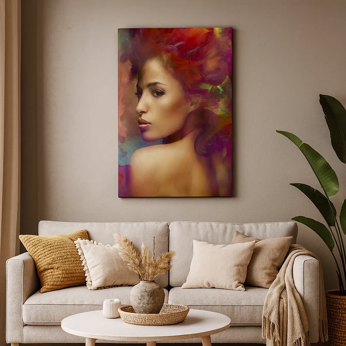 Bild auf Leinwand - Leinwandbild - Eine Frau mit bunten Reflexionen, die einen abstrakten Hintergrund erzeugen - 50x70cm - Schöner als ein Regenbogen, so zart wie ein Nebel - Moderne Wanddekoration für Wohnzimmer und Schlafzimmer ARTTOR