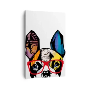Bild auf Leinwand - Leinwandbild - Bulldogge in einer bunten Illustration mit roter Brille - 80x120cm - Intellektuelle - Moderne Wanddekoration für Wohnzimmer und Schlafzimmer ARTTOR