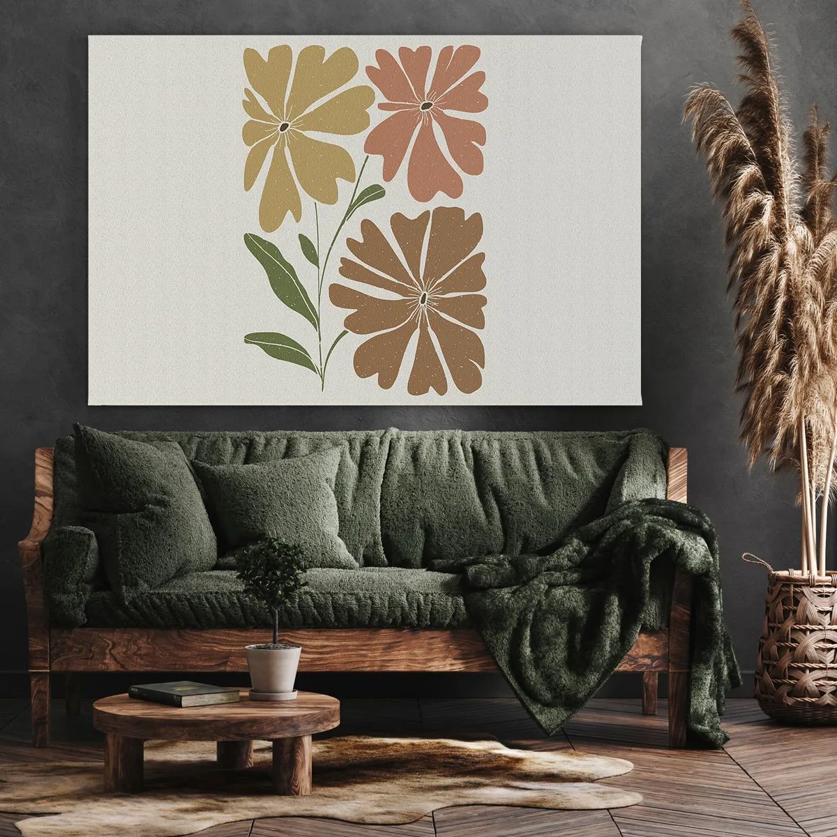 Bild auf Leinwand - Leinwandbild - Drei Blumen in warmen Farben auf hellem Hintergrund - 70x50cm - Natur und Geometrie - Moderne Wanddekoration für Wohnzimmer und Schlafzimmer ARTTOR