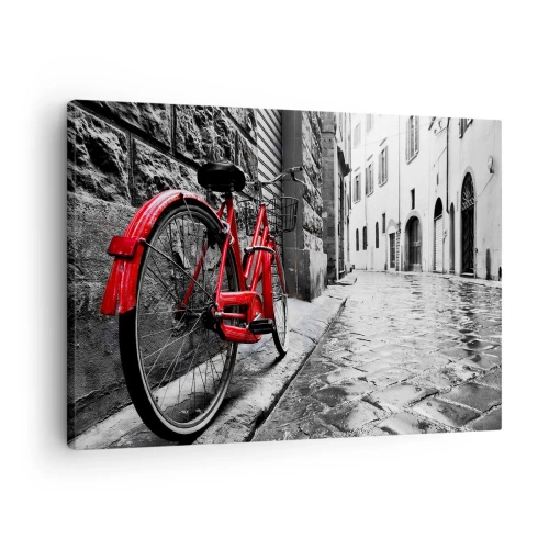 Bild auf Leinwand - Leinwandbild - Rotes Fahrrad in einer schwarz-weißen Straße - 70x50cm - Wahre Schönheit wird nicht alt - Moderne Wanddekoration für Wohnzimmer und Schlafzimmer ARTTOR