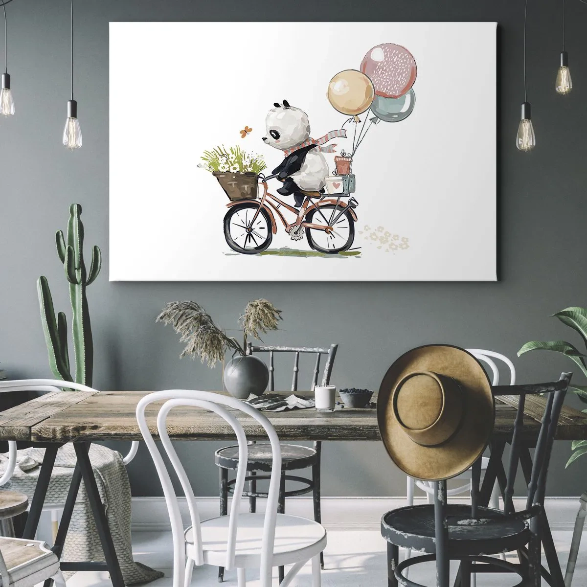Bild auf Leinwand - Leinwandbild - Panda auf einem Fahrrad mit Luftballons und Blumen - 120x80cm - Glücklicher Tag - Moderne Wanddekoration für Wohnzimmer und Schlafzimmer ARTTOR