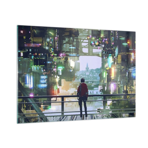 Glasbild - Bild auf glas - Eine Figur vor dem Hintergrund einer futuristischen Stadt mit Blick auf die Altstadt - 100x70cm - Zwei Welten - Moderne Wanddekoration für Wohnzimmer und Schlafzimmer ARTTOR