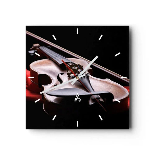 Wanduhr - Glasuhr - Geige auf rotem Stoff mit schwarzem Hintergrund - 30x30cm - Musik der Gefühle - Moderne Wanddekoration für Wohnzimmer und Schlafzimmer ARTTOR