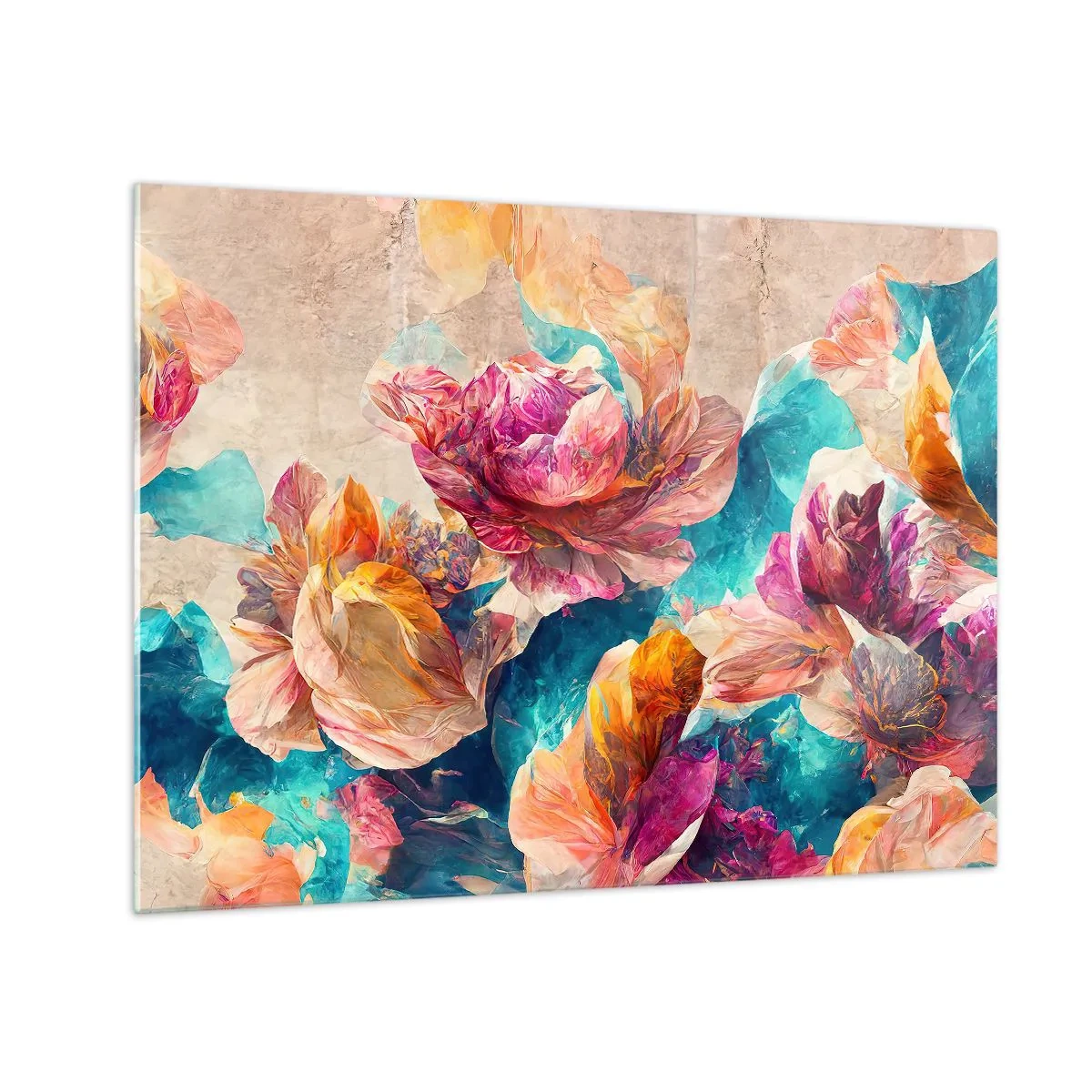 Glasbild - Bild auf glas - Bunte Blumen vor einem Aquarellhintergrund - 70x50cm - Farbenpracht des Straußes - Moderne Wanddekoration für Wohnzimmer und Schlafzimmer ARTTOR