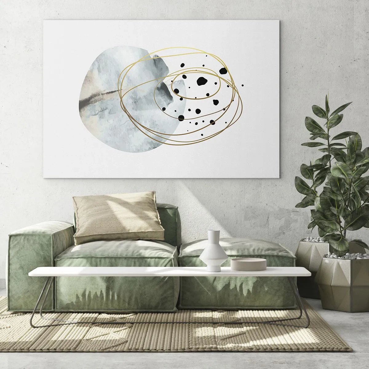 Glasbild - Bild auf glas - Abstrakte Komposition mit blauem Fleck und goldenen Linien - 100x70cm - Vom Weltraum umarmt - Moderne Wanddekoration für Wohnzimmer und Schlafzimmer ARTTOR