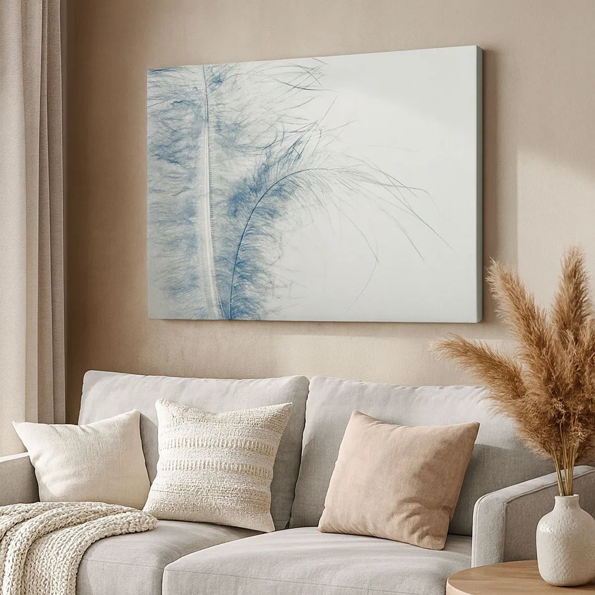 Bild auf Leinwand - Leinwandbild - Eine zarte Feder in Pastelltönen auf hellem Untergrund - 70x50cm - Flüstern der Natur - Moderne Wanddekoration für Wohnzimmer und Schlafzimmer ARTTOR