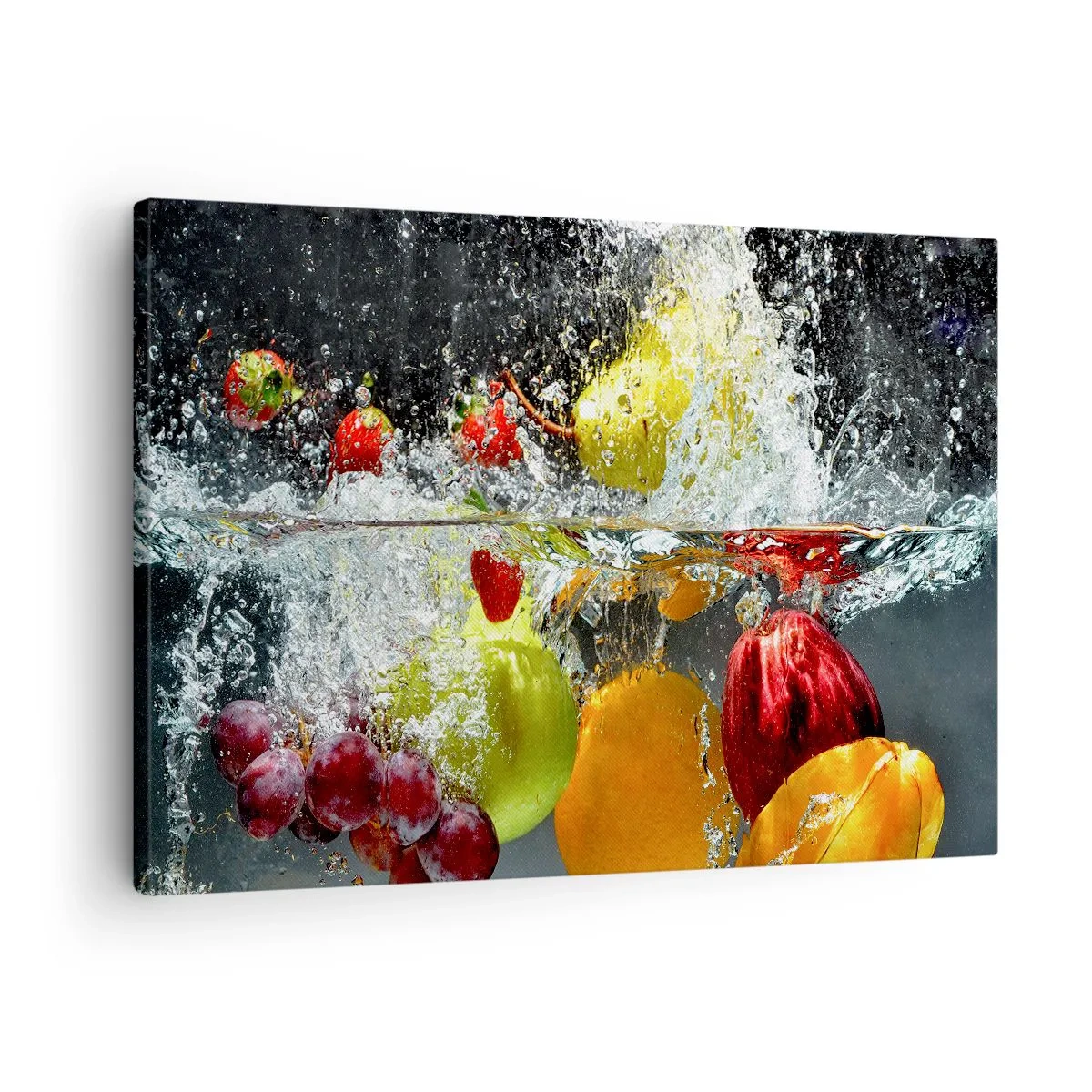 Bild auf Leinwand - Leinwandbild - Bunte Früchte im Wasser bei dynamischer Immersion - 70x50cm - Fruchterfrischung - Moderne Wanddekoration für Wohnzimmer und Schlafzimmer ARTTOR