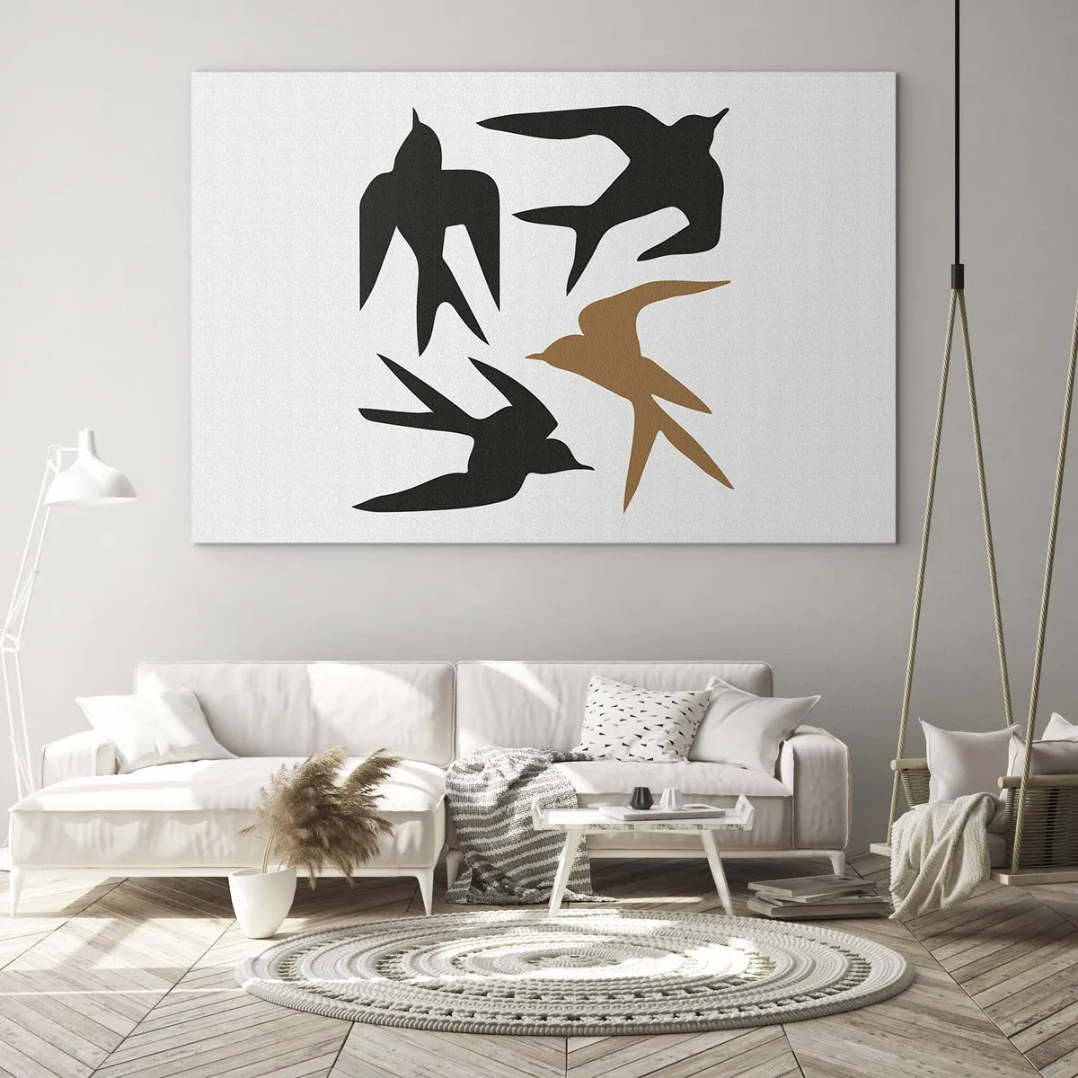 Glasbild - Bild auf glas - Vier fliegende Schwalben im minimalistischen Stil - 70x50cm - Schwalbenspaß - Moderne Wanddekoration für Wohnzimmer und Schlafzimmer ARTTOR
