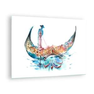Glasbild - Bild auf glas - Aquarellpanorama von Venedig in Form einer Maske - 70x50cm - Wir segeln durch die Stadt - Moderne Wanddekoration für Wohnzimmer und Schlafzimmer ARTTOR