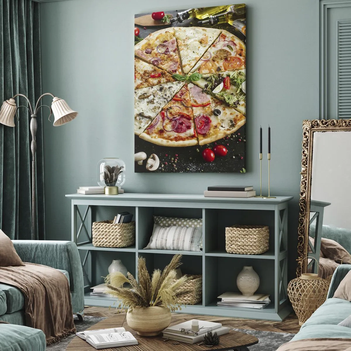 Bild auf Leinwand - Leinwandbild - Pizza in verschiedenen Geschmacksrichtungen mit verschiedenen Belägen - 80x120cm - Eine Reihe von Geschmacksrichtungen - Moderne Wanddekoration für Wohnzimmer und Schlafzimmer ARTTOR
