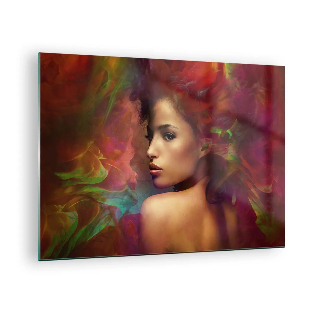 Glasbild - Bild auf glas - Porträt einer Frau in farbenfroher, abstrakter Umgebung - 70x50cm - Schöner als ein Regenbogen, so zart wie ein Nebel - Moderne Wanddekoration für Wohnzimmer und Schlafzimmer ARTTOR