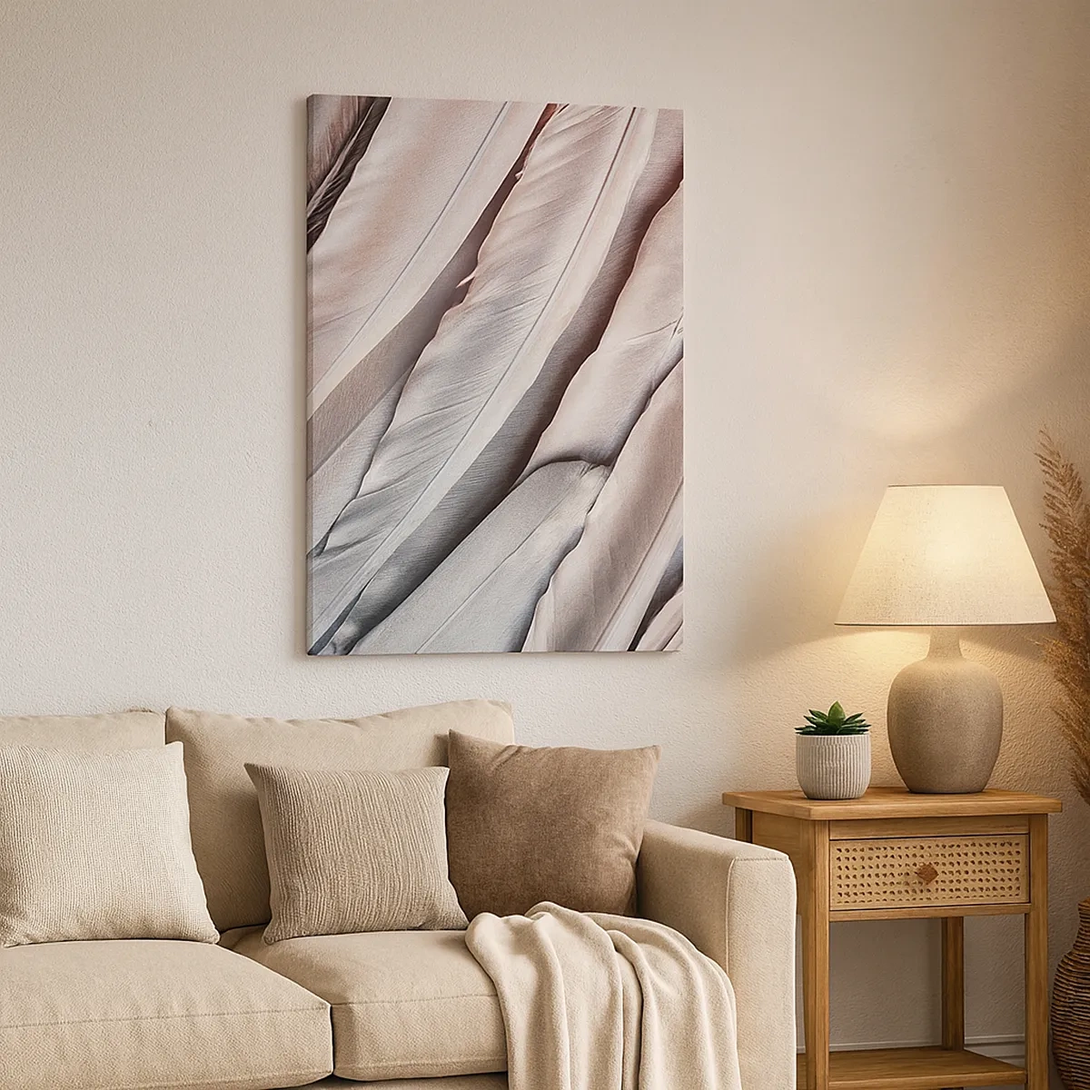 Bild auf Leinwand - Leinwandbild - Zarte Federn in dezenten Grau- und Beigetönen - 50x70cm - In rosa Silber - Moderne Wanddekoration für Wohnzimmer und Schlafzimmer ARTTOR