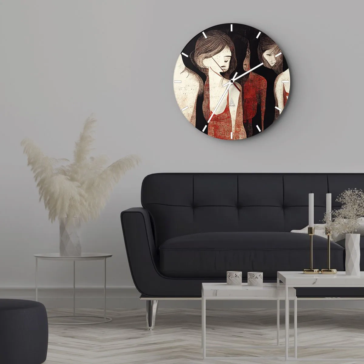 Wanduhr - Glasuhr - Frauenfiguren in Rot auf dunklem Hintergrund - 30x30cm - Madonnen der Dunkelheit - Moderne Wanddekoration für Wohnzimmer, Küche und Schlafzimmer ARTTOR
