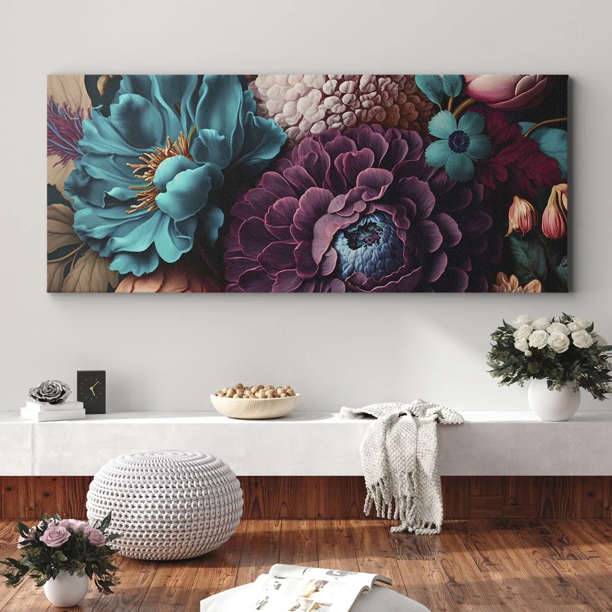 Bild auf Leinwand - Leinwandbild - Ein Blumenstrauß in intensiven Farben auf dunklem Hintergrund - 120x50cm - Natur in Hülle und Fülle - Moderne Wanddekoration für Wohnzimmer und Schlafzimmer ARTTOR