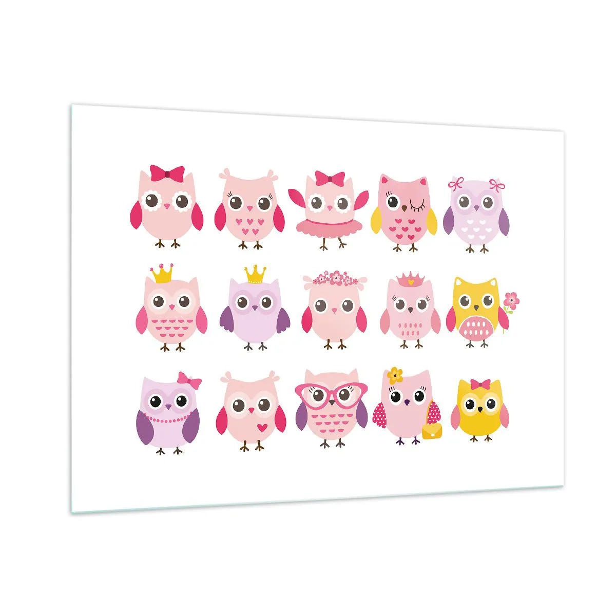 Glasbild - Bild auf glas - Bunte Eulen in verschiedenen Mustern auf weißem Hintergrund - 100x70cm - Einer ist süßer als der andere - Moderne Wanddekoration für Wohnzimmer und Schlafzimmer ARTTOR