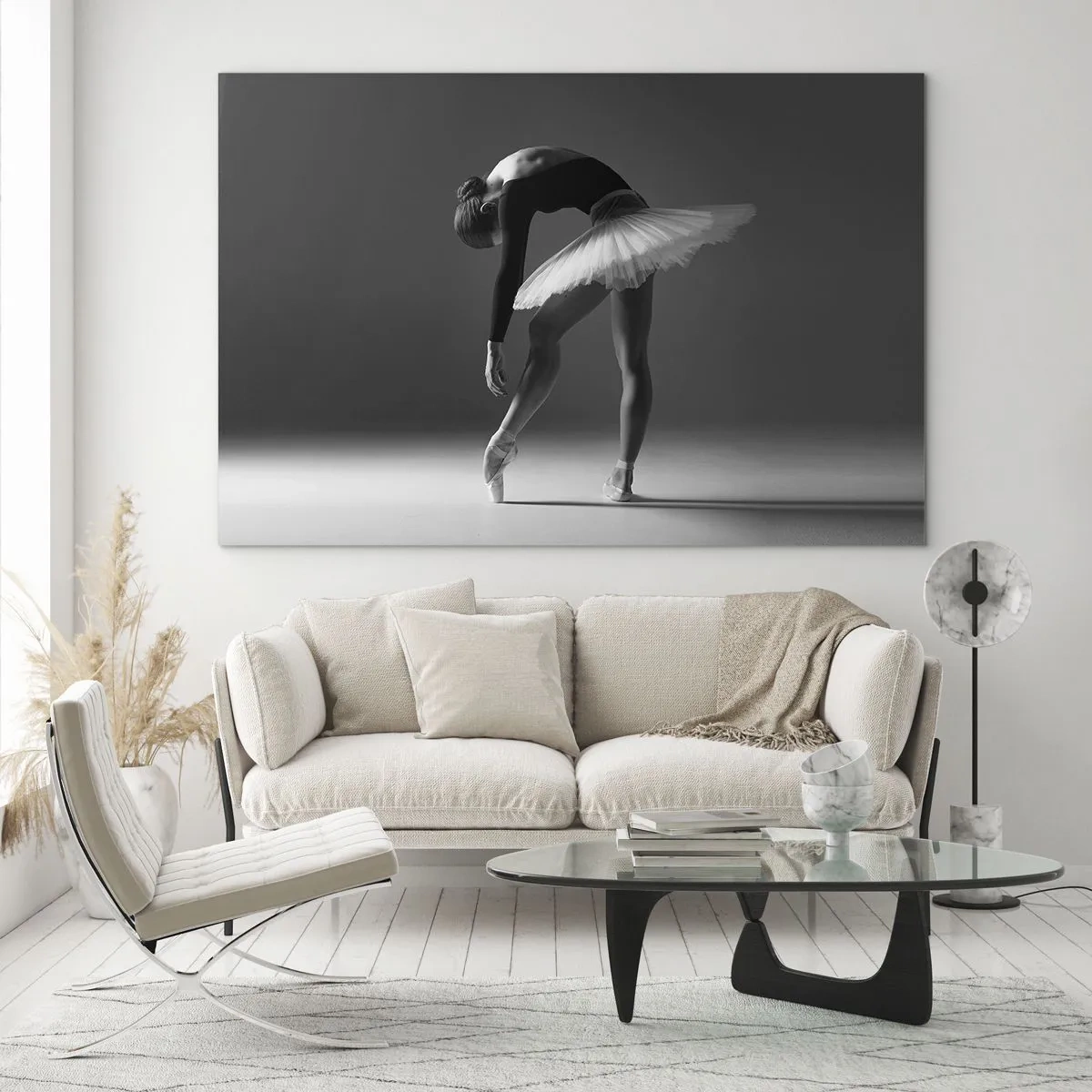 Glasbild - Bild auf glas - Schwarz-weiße Silhouette einer Ballerina in anmutiger Pose - 120x80cm - Bella Ballerina - Moderne Wanddekoration für Wohnzimmer und Schlafzimmer ARTTOR