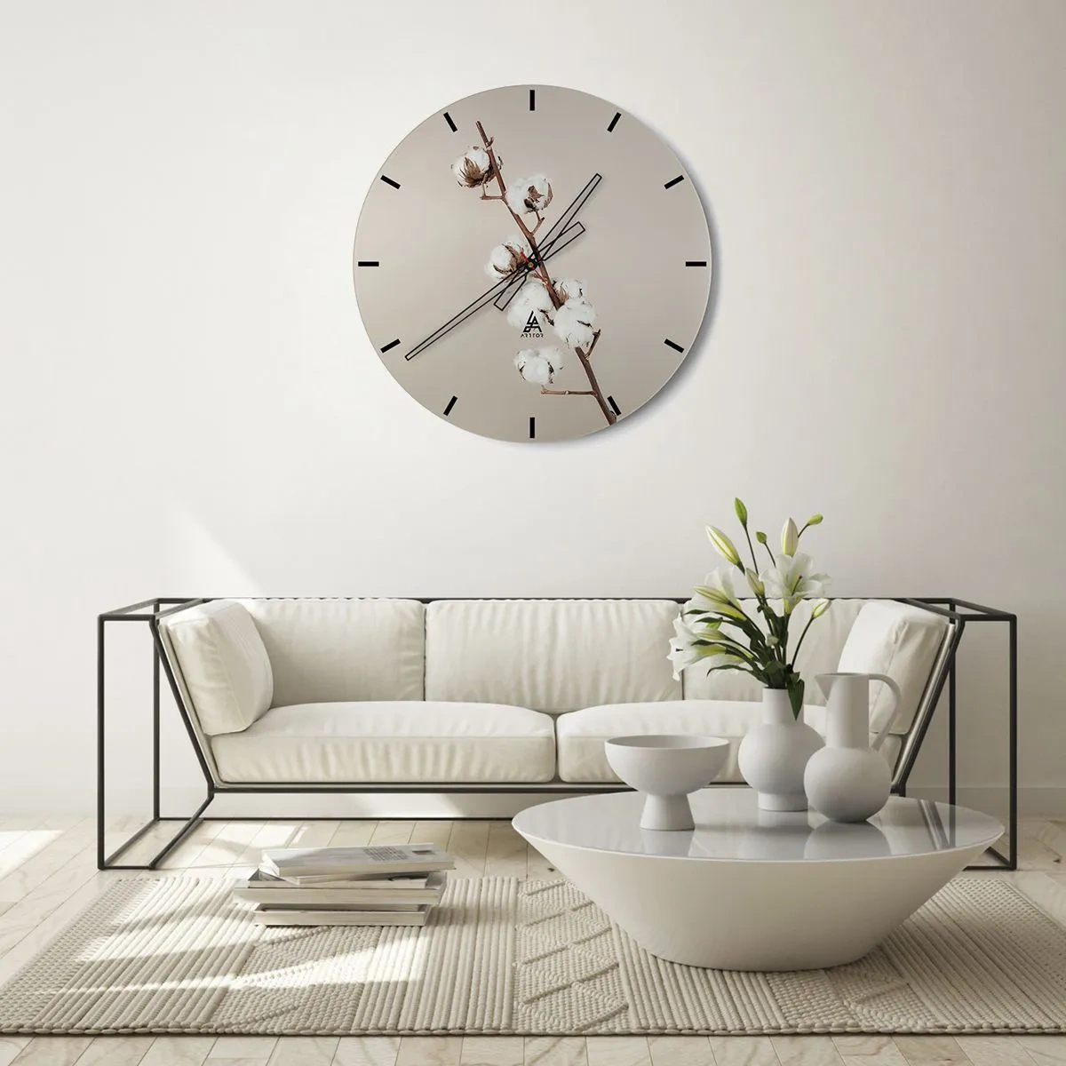 Wanduhr - Glasuhr - Ein Zweig Baumwolle auf beigem Hintergrund im minimalistischen Stil - 30x30cm - An der Quelle der Weichheit - Moderne Wanddekoration für Wohnzimmer, Küche und Schlafzimmer ARTTOR