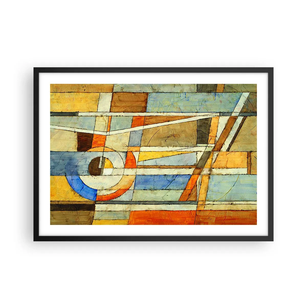 Poster in einem schwarzem Rahmen - Geometrische Abstraktion in Beige-, Blau- und Orangetönen - 70x50cm - Kubismus auf der Baustelle - Moderne Wanddekoration für Wohnzimmer und Schlafzimmer ARTTOR