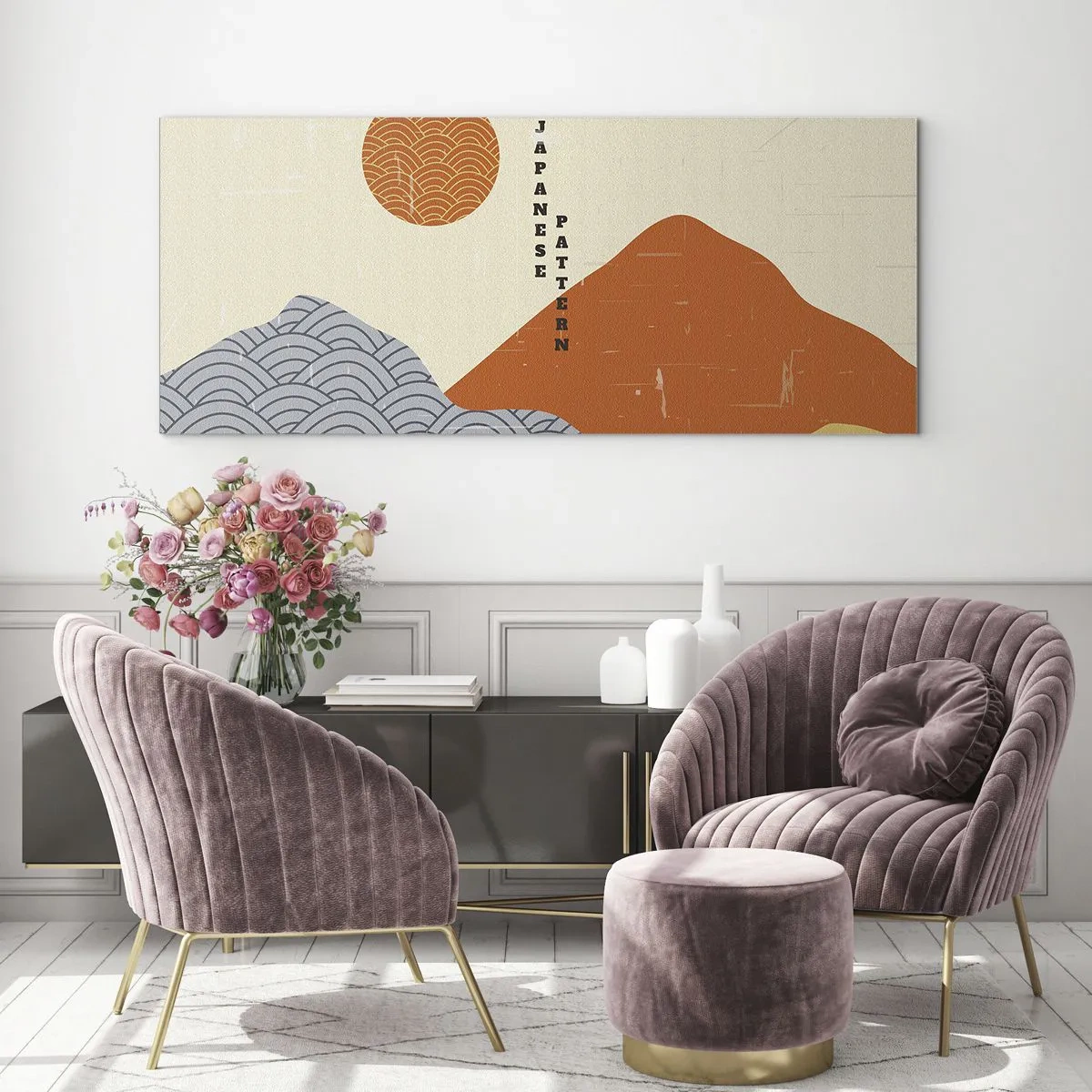 Glasbild - Bild auf glas - Japanische Muster mit Bergen, Sonne und minimalistischem Stil - 160x50cm - Im japanischen Geist - Moderne Wanddekoration für Wohnzimmer und Schlafzimmer ARTTOR