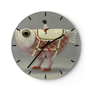 Wanduhr - Glasuhr - Eine Figur auf einem großen Fisch mit Sattel und Stiefeln auf grauem Hintergrund - 30x30cm - Reiter auf einem surrealen Fisch - Moderne Wanddekoration für Wohnzimmer, Küche und Schlafzimmer ARTTOR