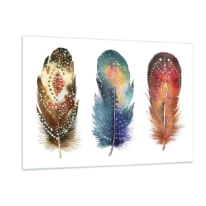 Glasbild - Bild auf glas - Drei bunte Federn mit ethnischen Mustern - 120x80cm - Rituale, Zeremonien, Geheimnisse - Moderne Wanddekoration für Wohnzimmer und Schlafzimmer ARTTOR