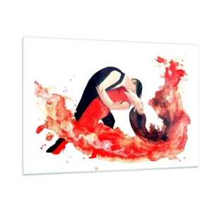 Glasbild - Bild auf glas - Ein tanzendes Paar in einer dynamischen, roten Aquarellkomposition - 120x80cm - Tango - eine sinnliche Welle - Moderne Wanddekoration für Wohnzimmer und Schlafzimmer ARTTOR