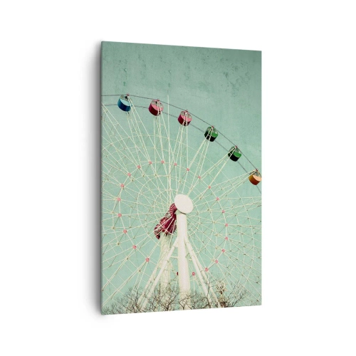 Bild auf Leinwand - Leinwandbild - Ein buntes Riesenrad vor blauem Himmel im Retro-Stil - 80x120cm - Wir laden zum Spiel ein - Moderne Wanddekoration für Wohnzimmer und Schlafzimmer ARTTOR