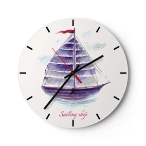 Wanduhr - Glasuhr - Ein lila Segelboot mit rotem Mast auf ruhiger See - 30x30cm - Volle Segel und ruhiges Wasser - Moderne Wanddekoration für Wohnzimmer, Küche und Schlafzimmer ARTTOR