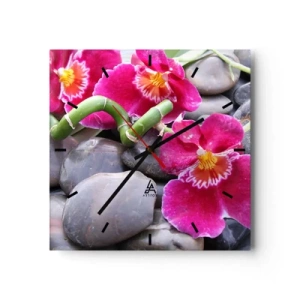 Wanduhr - Glasuhr - Rosa Orchideen vor einem Hintergrund aus glatten Steinen - 30x30cm - Kühlen und erhitzen - Moderne Wanddekoration für Wohnzimmer und Schlafzimmer ARTTOR