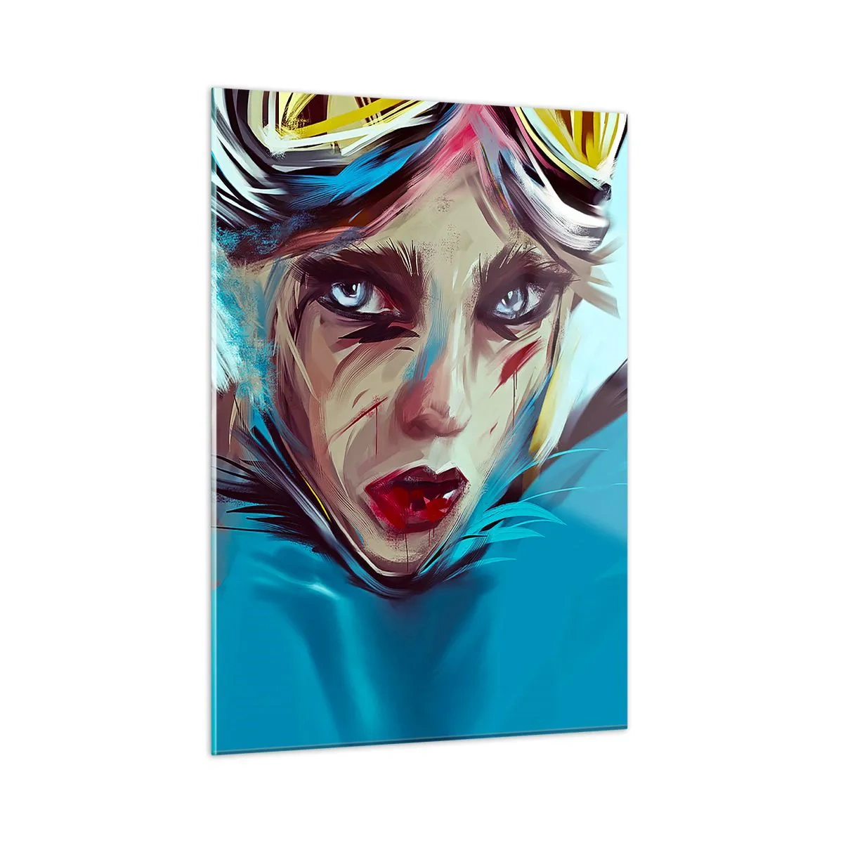 Glasbild - Bild auf glas - Porträt einer Frau mit Schutzbrille und blauen Pinselstrichen - 50x70cm - Strassenkämpferin - Moderne Wanddekoration für Wohnzimmer und Schlafzimmer ARTTOR