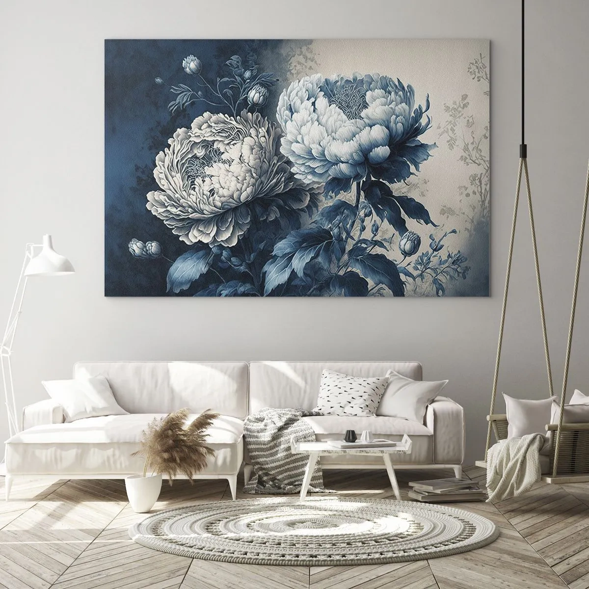Glasbild - Bild auf glas - Zweifarbige Pfingstrosen in Blau- und Beigetönen auf Vintage-Hintergrund - 100x70cm - Passendes Paar - Moderne Wanddekoration für Wohnzimmer und Schlafzimmer ARTTOR