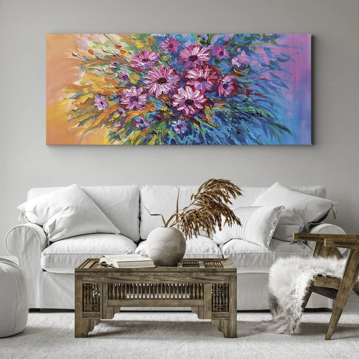 Bild auf Leinwand - Leinwandbild - Bunte Blumen in einem Strauß vor pastellfarbenem Hintergrund - 160x50cm - Lebensenergie - Moderne Wanddekoration für Wohnzimmer und Schlafzimmer ARTTOR