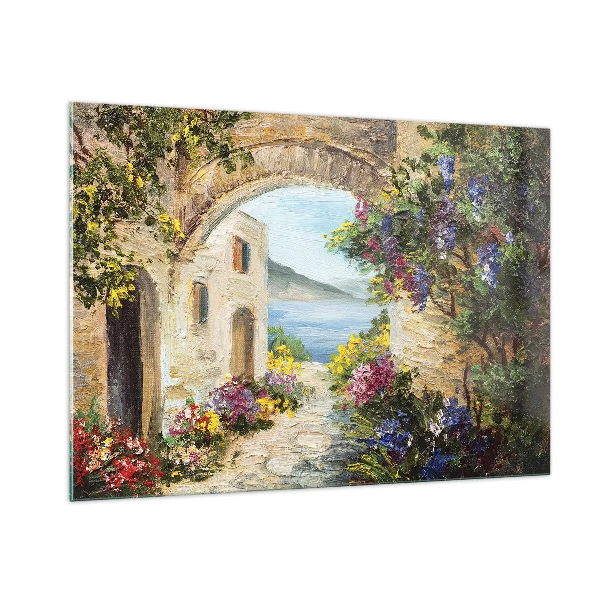 Glasbild - Bild auf glas - Eine malerische Straße mit Blick auf den See - 100x70cm - Charme einer Küstenprovinz - Moderne Wanddekoration für Wohnzimmer und Schlafzimmer ARTTOR