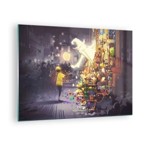 Glasbild - Bild auf glas - Ein Kind in einem hellen T-Shirt an einem hellen Stand voller bunter Süßigkeiten - 70x50cm - Magie ist da - Moderne Wanddekoration für Wohnzimmer und Schlafzimmer ARTTOR