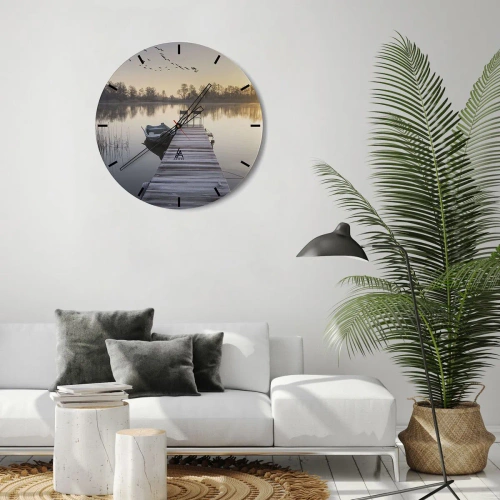Wanduhr - Glasuhr - Ein Pier mit einem Boot bei Sonnenaufgang auf dem See - 30x30cm - Ich komme nach einiger Zeit zurück - Moderne Wanddekoration für Wohnzimmer, Küche und Schlafzimmer ARTTOR