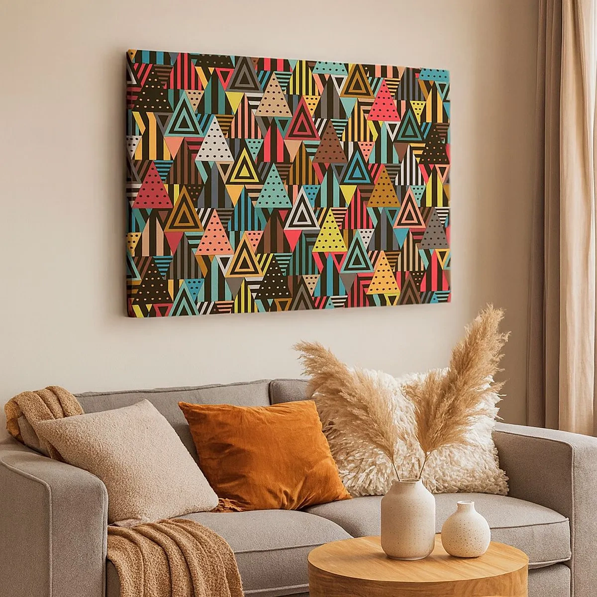 Bild auf Leinwand - Leinwandbild - Buntes geometrisches Muster mit Dreiecken und Linien - 70x50cm - Im Rhythmus auf drei - Moderne Wanddekoration für Wohnzimmer und Schlafzimmer ARTTOR