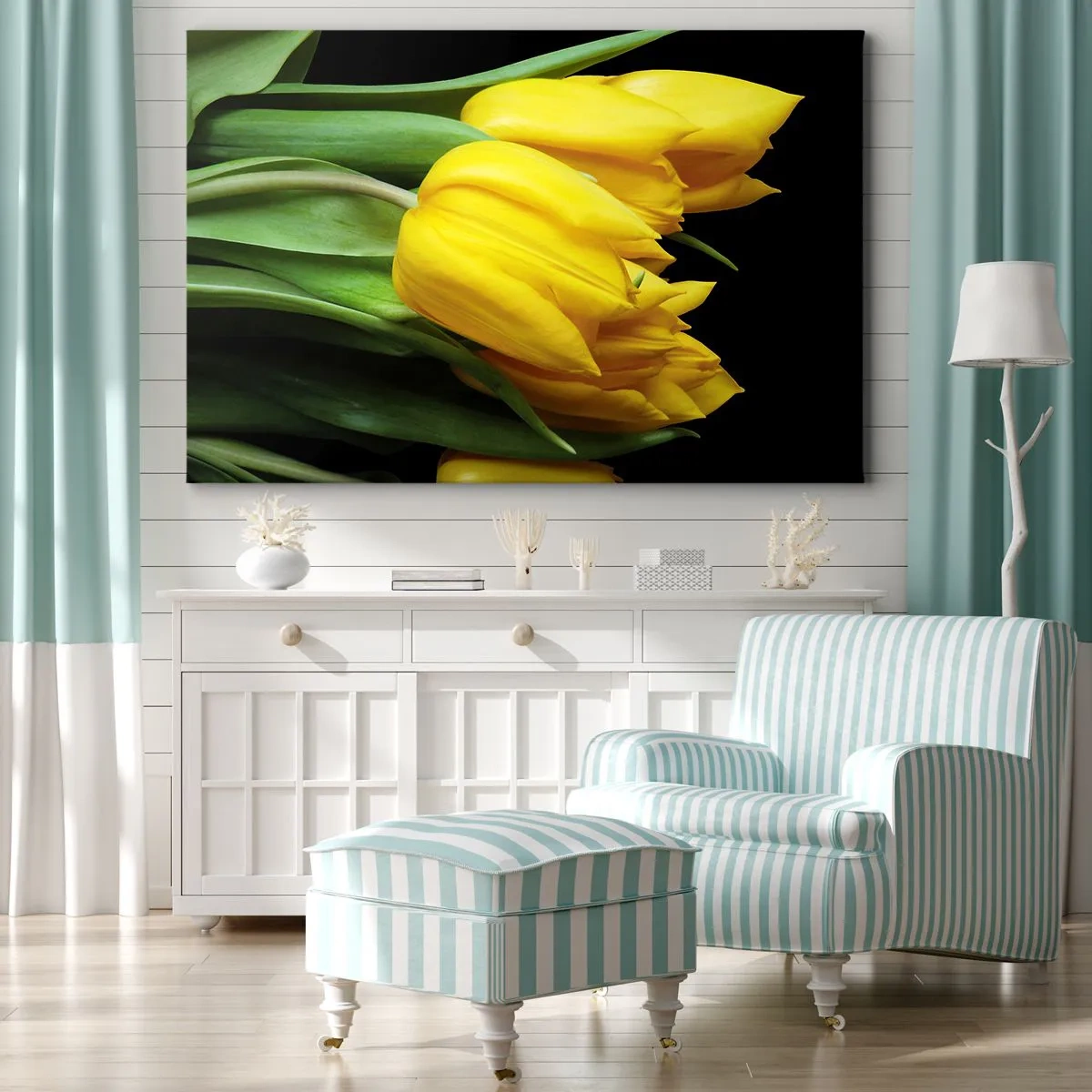 Bild auf Leinwand - Leinwandbild - Ein Strauß gelber Tulpen auf schwarzem Hintergrund - 70x50cm - Aus klarer Sonne entstanden - Moderne Wanddekoration für Wohnzimmer und Schlafzimmer ARTTOR