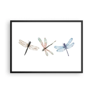 Poster in einem schwarzem Rahmen - Drei Libellen in zarten Pastellfarben - 70x50cm - Schwerelose Libellen - Moderne Wanddekoration für Wohnzimmer und Schlafzimmer ARTTOR