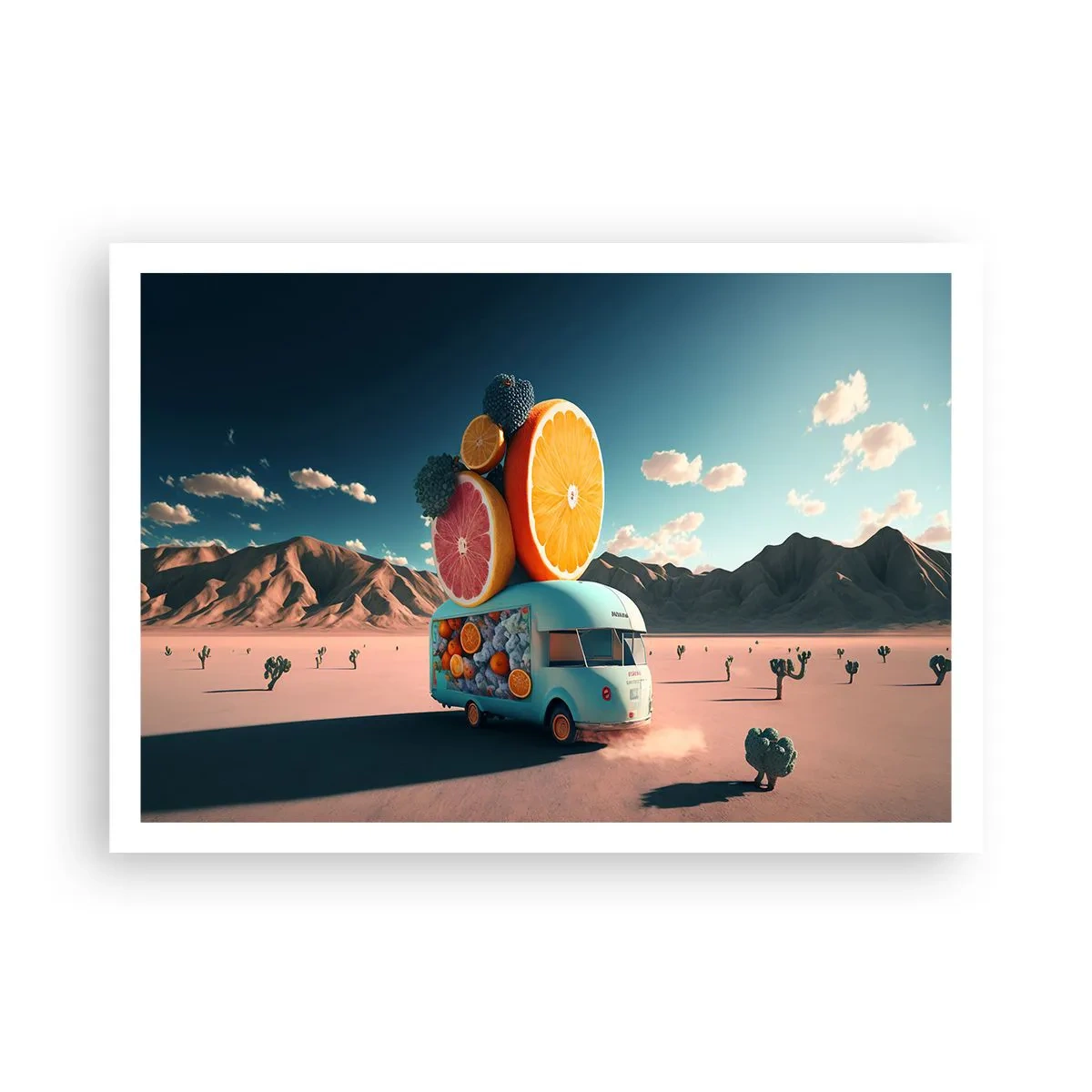 Poster - Obstwagen in einer Wüstenlandschaft - 100x70cm - Geschmack von Urlaub - Moderne Wanddekoration für Wohnzimmer und Schlafzimmer ARTTOR