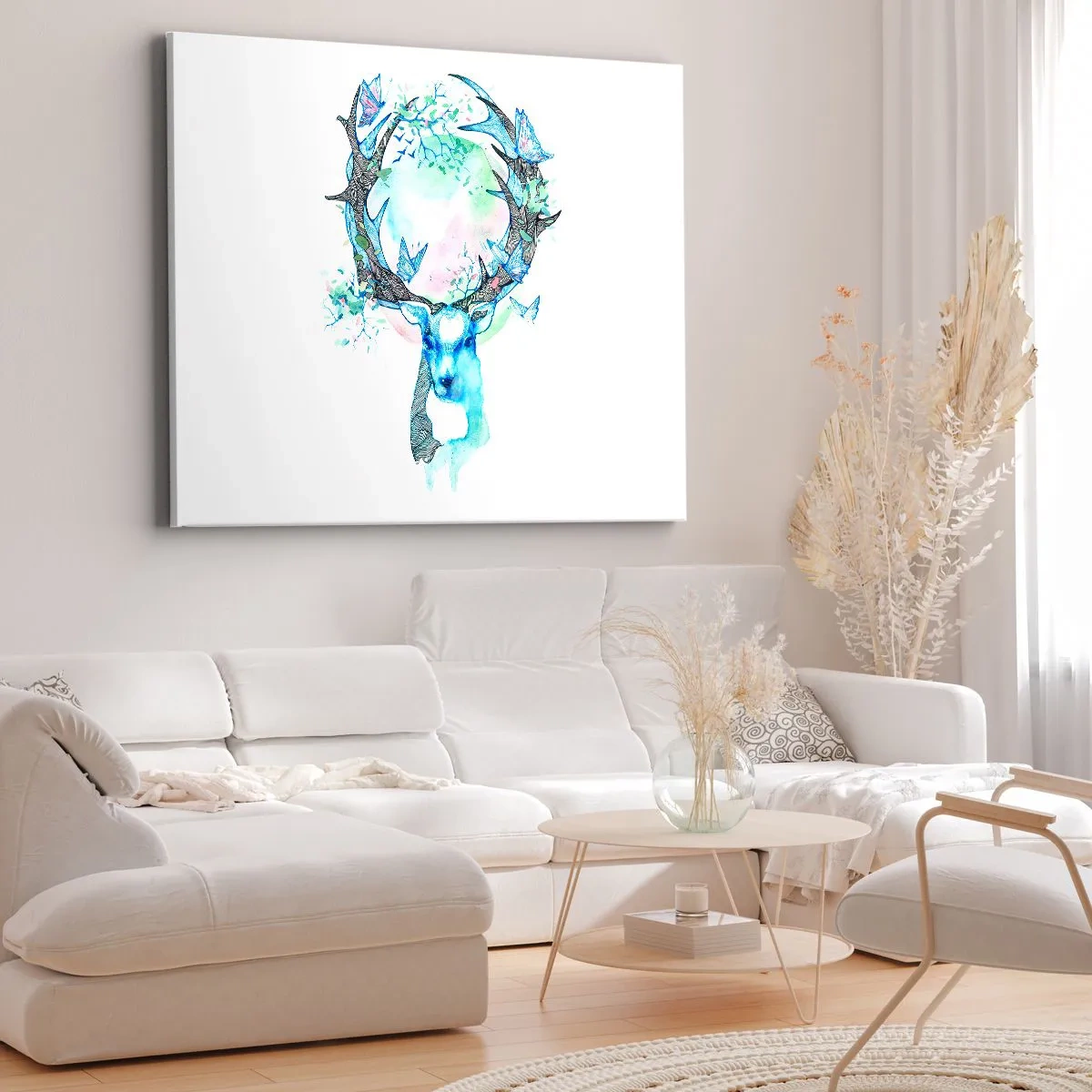 Bild auf Leinwand - Leinwandbild - Eine skurrile Hirschgrafik mit Natur- und Schmetterlingsmotiv - 70x50cm - Die Kraft und Feinheit der Natur - Moderne Wanddekoration für Wohnzimmer und Schlafzimmer ARTTOR
